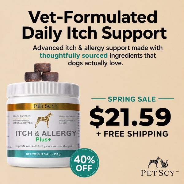 A square-formatted product promotion for a dog supplement that highlights veterinarian formulation and a seasonal discount.